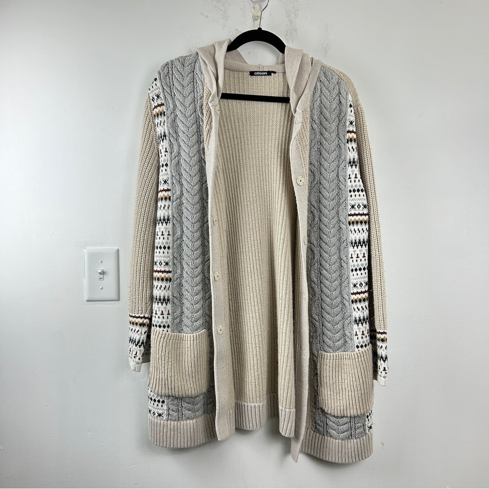 Olsen Patchwork Boho Knit Cardigan PTP 24” length 35” approximately.